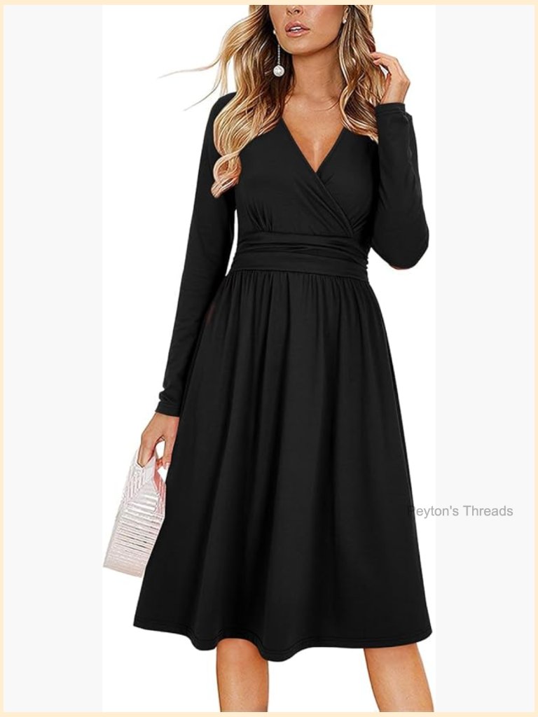 Long Sleeve Wrap V Neck Flowy Midi Dress With Pockets